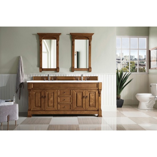 Brookfield 72" Double Vanity, Country Oak w/ 3 CM Arctic Fall Solid Surface Top