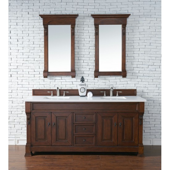 Brookfield 72" Double Vanity, Warm Cherry w/ 3 CM Classic White Quartz Top