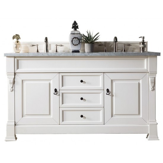 Brookfield 60" Double Vanity, Bright White w/ 3 CM Carrara Marble Top