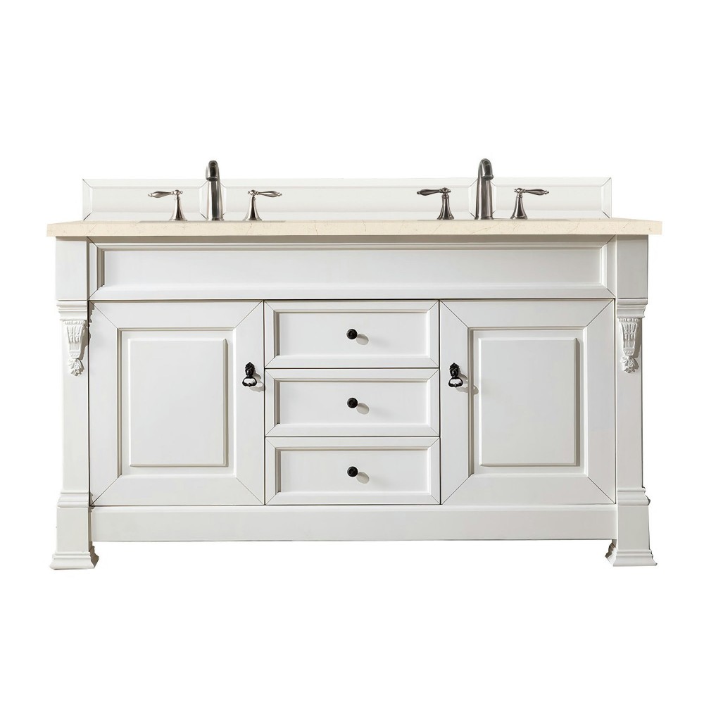 Brookfield 60" Double Vanity, Bright White w/ 3 CM Eternal Marfil Quartz Top