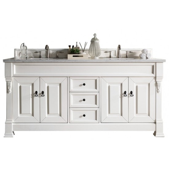 Brookfield 72" Double Vanity, Bright White w/ 3 CM Carrara Marble Top