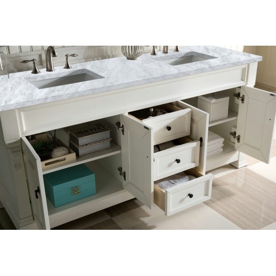 Brookfield 72" Double Vanity, Bright White w/ 3 CM Carrara Marble Top