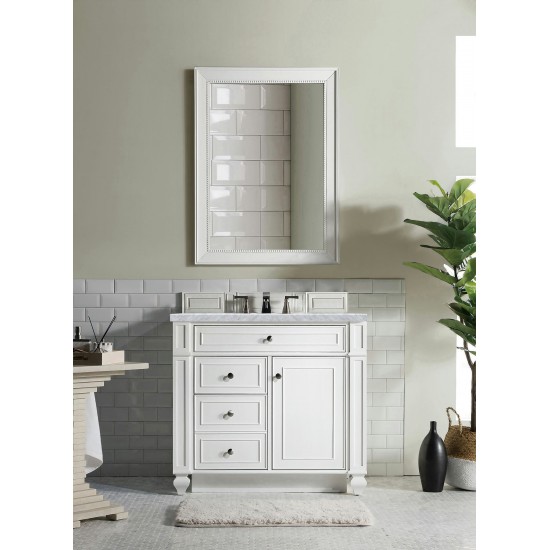 Bristol 36" Single Vanity, Bright White, w/ 3 CM Carrara Marble Top