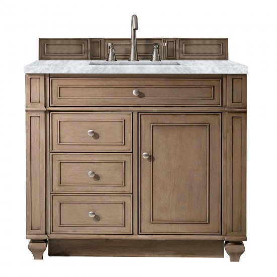 Bristol 36" Single Vanity, Whitewashed Walnut, w/ 3 CM Carrara Marble Top