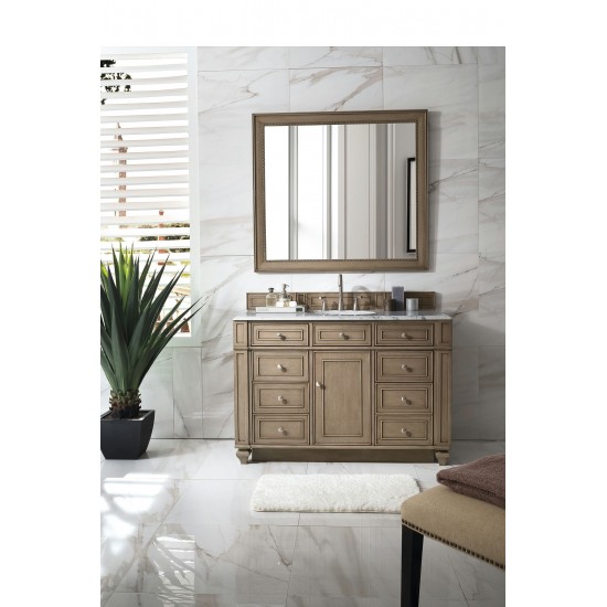 Bristol 48" Single Vanity, Whitewashed Walnut, w/ 3 CM Carrara Marble Top