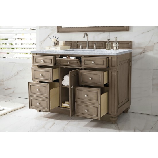 Bristol 48" Single Vanity, Whitewashed Walnut, w/ 3 CM Carrara Marble Top