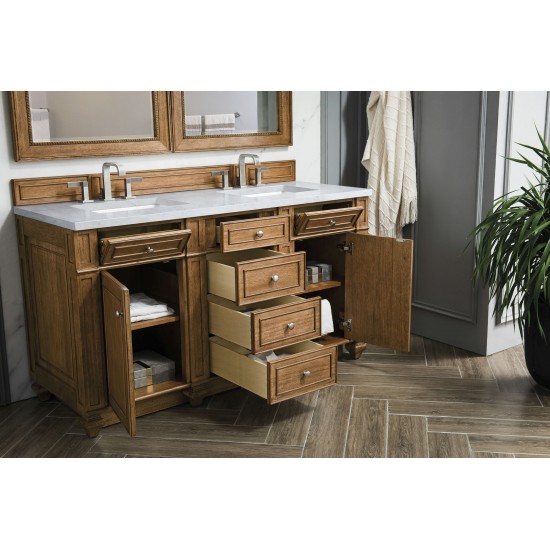 Bristol 60" Double Vanity, Saddle Brown, w/ 3 CM Arctic Fall Solid Surface Top