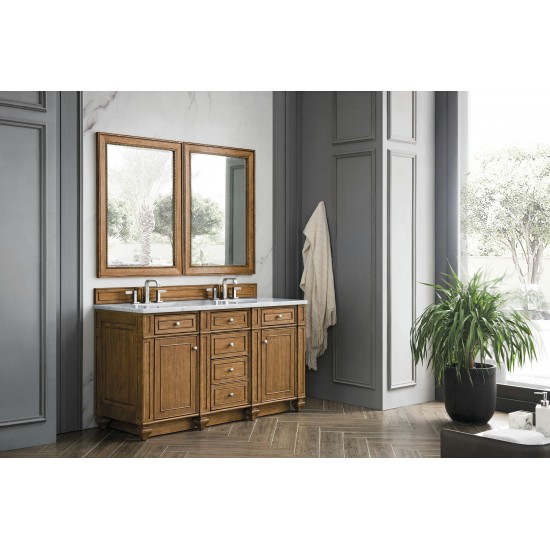 Bristol 60" Double Vanity, Saddle Brown, w/ 3 CM Carrara Marble Top