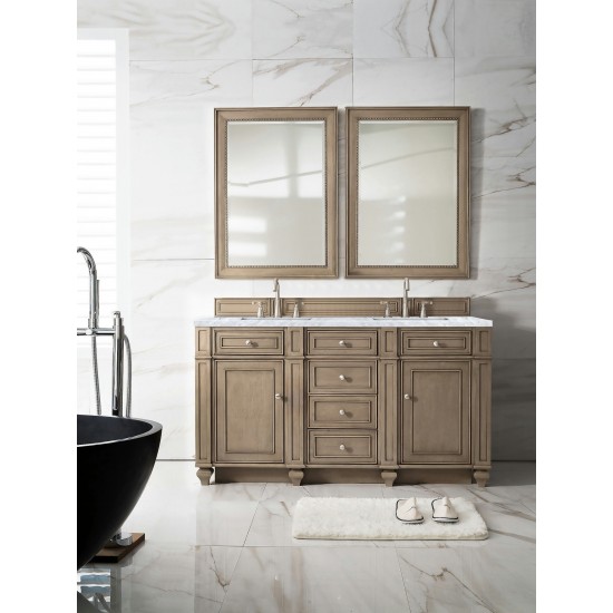 Bristol 60" Double Vanity, Whitewashed Walnut, w/ 3 CM Carrara Marble Top