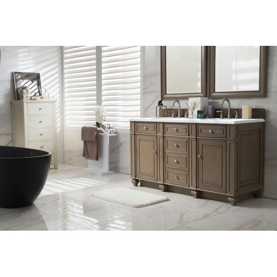 Bristol 60" Double Vanity, Whitewashed Walnut, w/ 3 CM Carrara Marble Top