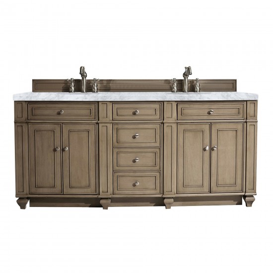 Bristol 72" Double Vanity, Whitewashed Walnut, w/ 3 CM Carrara Marble Top