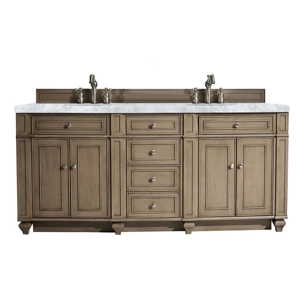 Bristol 72" Double Vanity, Whitewashed Walnut, w/ 3 CM Carrara Marble Top Bristol 72" Double Vanity, Whitewashed Walnut, w/ 3 CM Carrara Marble Top