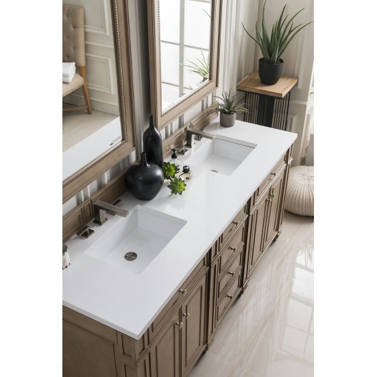 Bristol 72" Double Vanity, Whitewashed Walnut, w/ 3 CM Classic White Quartz Top