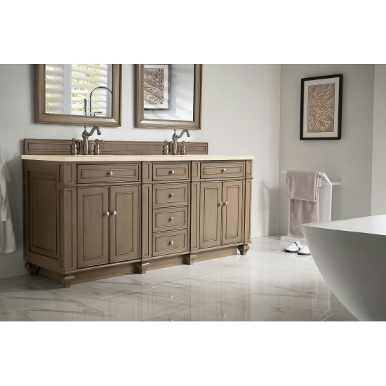 Bristol 72" Double Vanity, Whitewashed Walnut, w/ 3 CM Eternal Marfil Quartz Top