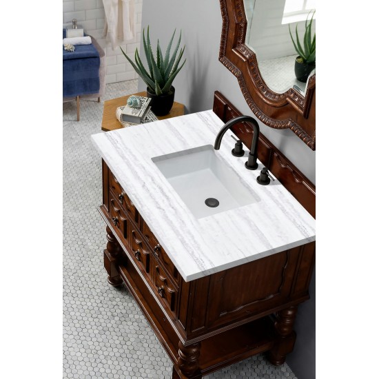 Castilian 36" Aged Cognac Single Vanity w/ 3 CM Arctic Fall Solid Surface Top