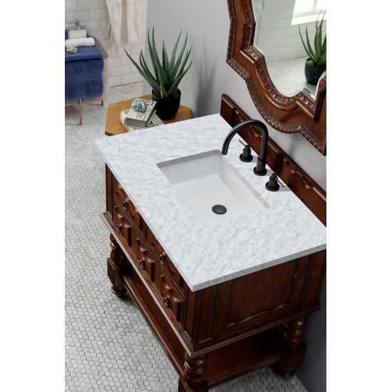 Castilian 36" Aged Cognac Single Vanity w/ 3 CM Carrara Marble Top