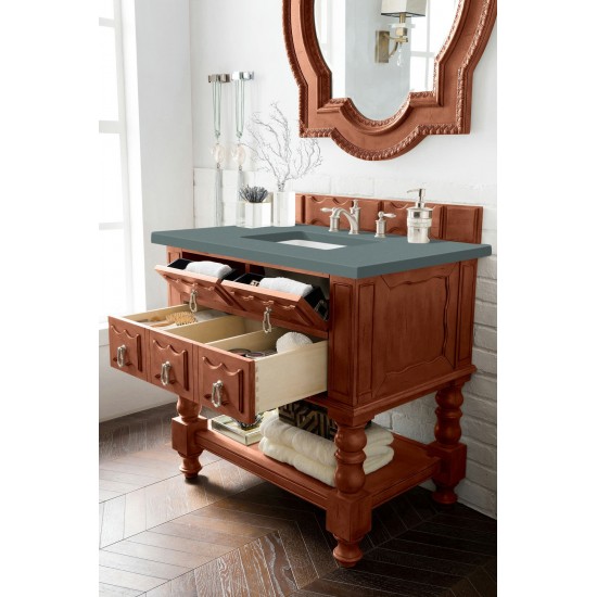 Castilian 36" Single Vanity Cabinet, Aged Cognac, w/ 3 CM Cala Blue Quartz Top