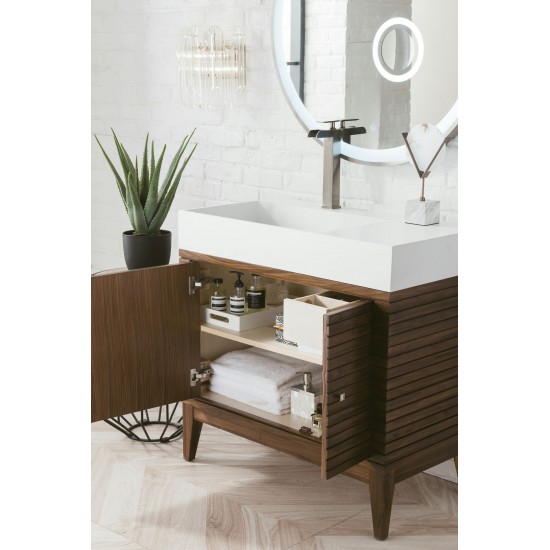 Linear 36" Single Vanity, Mid Century Walnut w/ Glossy White Composite Top