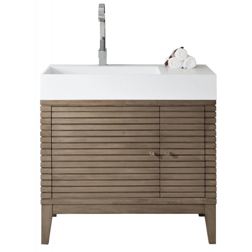 Linear 36" Single Vanity Whitewashed Walnut w/ Glossy White Composite Top Linear 36" Single Vanity Whitewashed Walnut w/ Glossy White Composite Top