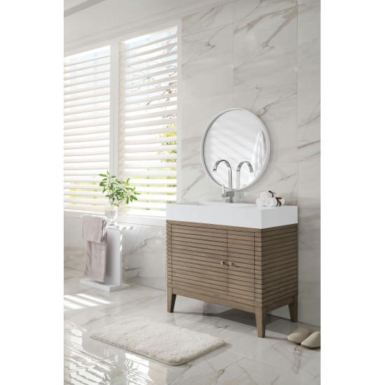 Linear 36" Single Vanity Whitewashed Walnut w/ Glossy White Composite Top