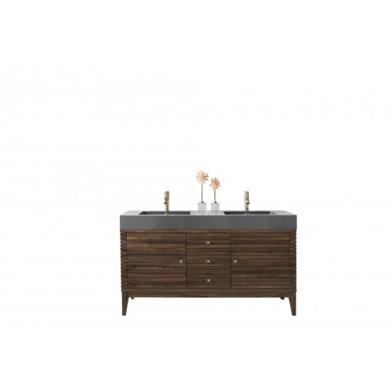 Linear 59" Double Vanity, Mid Century Walnut w/ Dusk Grey Glossy Composite Top