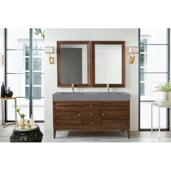 Linear 59" Double Vanity, Mid Century Walnut w/ Dusk Grey Glossy Composite Top