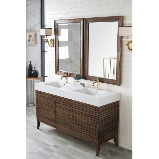 Linear 59" Double Vanity, Mid Century Walnut w/ Glossy White Composite Top