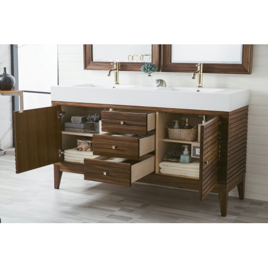 Linear 59" Double Vanity, Mid Century Walnut w/ Glossy White Composite Top