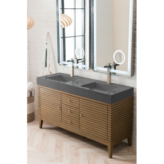 Linear 59" Double Vanity Whitewashed Walnut w/ Dusk Grey Glossy Composite Top