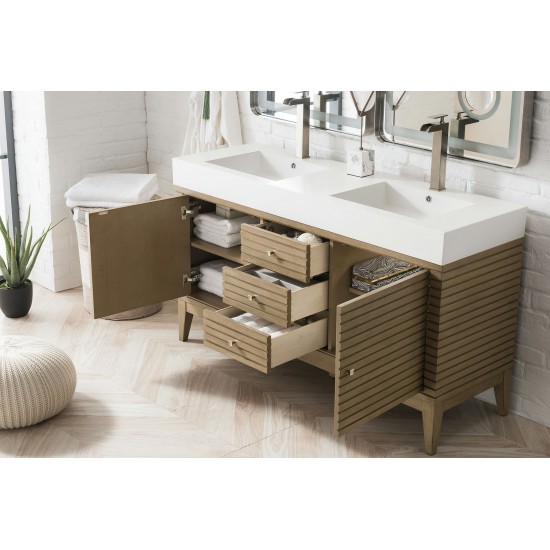 Linear 59" Double Vanity Whitewashed Walnut w/ Glossy White Composite Top