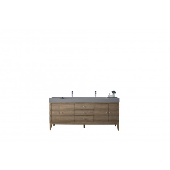 Linear 72" Double Vanity, Whitewashed Walnut w/ Dusk Grey Glossy Composite Top