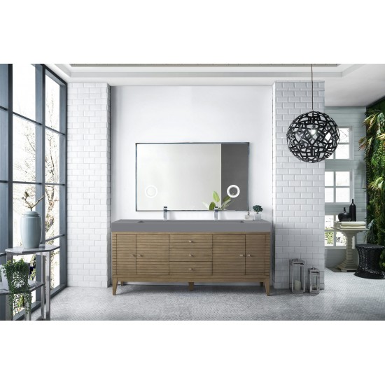 Linear 72" Double Vanity, Whitewashed Walnut w/ Dusk Grey Glossy Composite Top