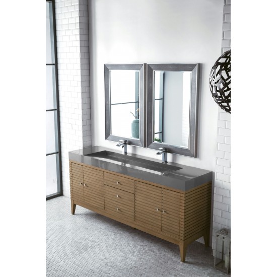 Linear 72" Double Vanity, Whitewashed Walnut w/ Dusk Grey Glossy Composite Top