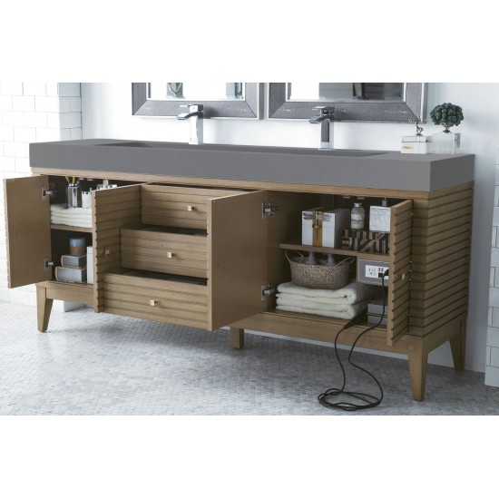 Linear 72" Double Vanity, Whitewashed Walnut w/ Dusk Grey Glossy Composite Top