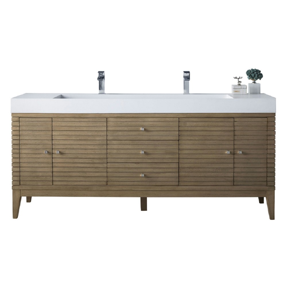 Linear 72" Double Vanity Whitewashed Walnut w/ Glossy White Composite Top