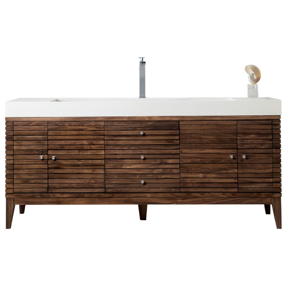 Linear 72" Single Vanity, Mid Century Walnut w/ Glossy White Composite Top