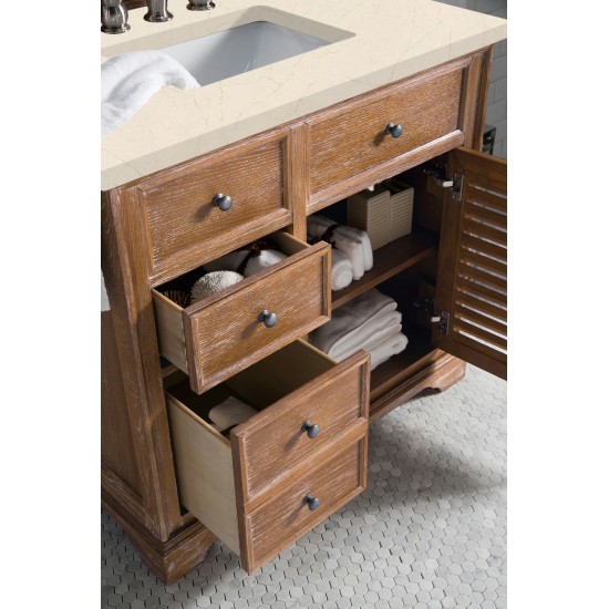 Savannah 36" Single Vanity Cabinet, Driftwood, w/ 3 CM Eternal Marfil Quartz Top