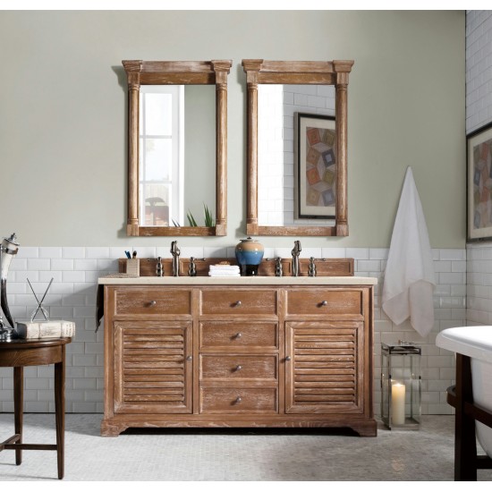 Savannah 60" Double Vanity Cabinet, Driftwood, w/ 3 CM Eternal Marfil Quartz Top