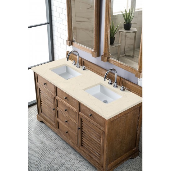 Savannah 60" Double Vanity Cabinet, Driftwood, w/ 3 CM Eternal Marfil Quartz Top