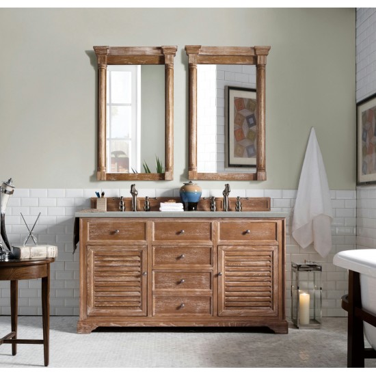 Savannah 60" Double Vanity Cabinet, Driftwood, w/ 3 CM Eternal Serena Quartz Top