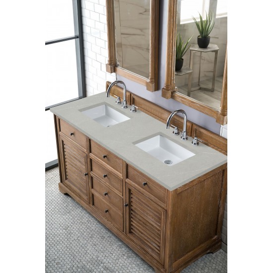 Savannah 60" Double Vanity Cabinet, Driftwood, w/ 3 CM Eternal Serena Quartz Top