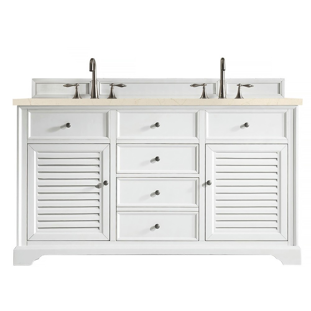 Savannah 60" Double Vanity, Bright White, w/ 3 CM Eternal Marfil Quartz Top