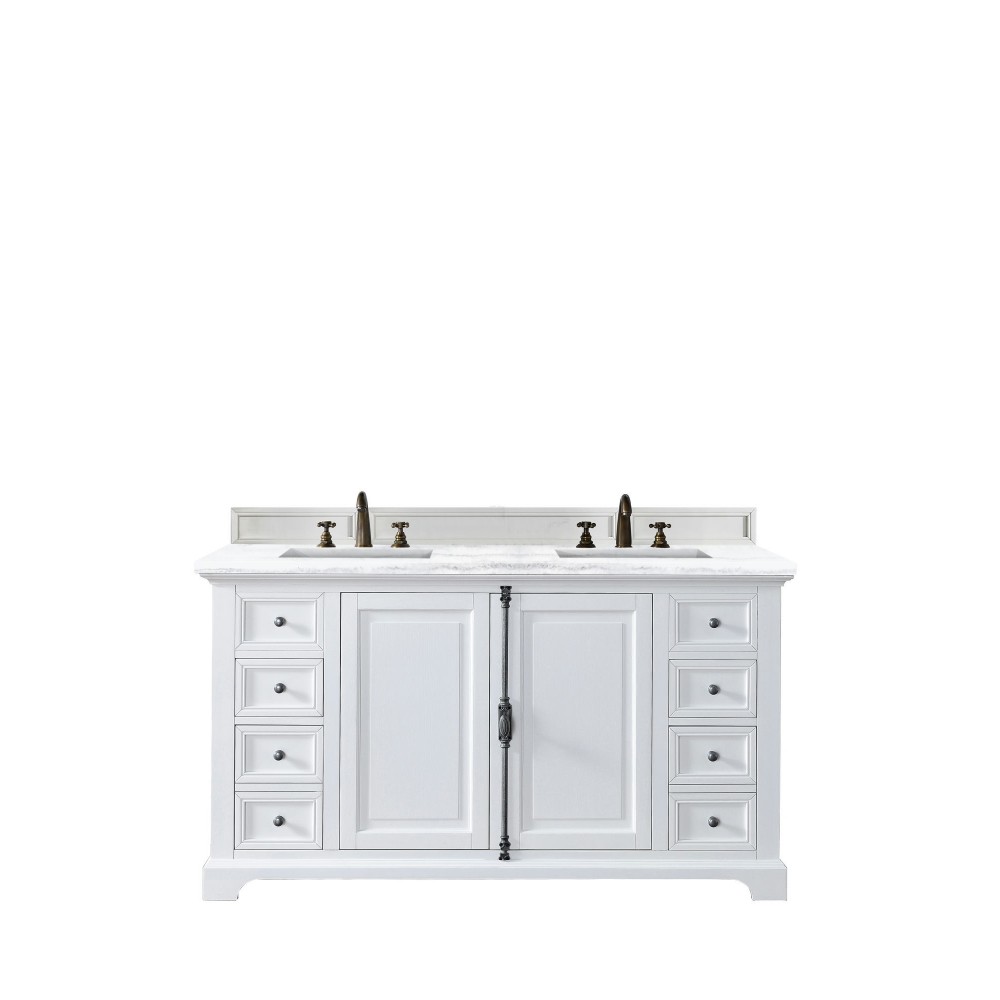 Providence 60" Bright White Double Vanity w/ 3 CM Arctic Fall Solid Surface Top