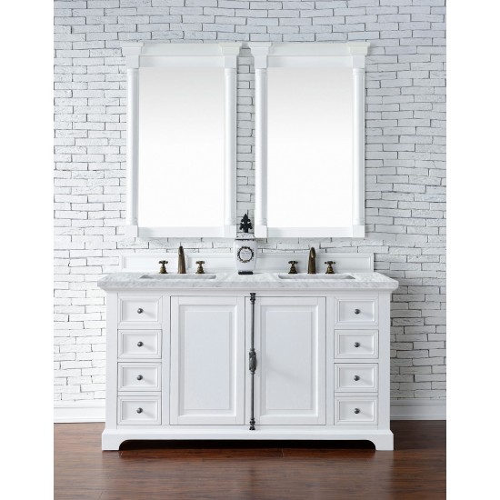 Providence 60" Bright White Double Vanity w/ 3 CM Carrara Marble Top