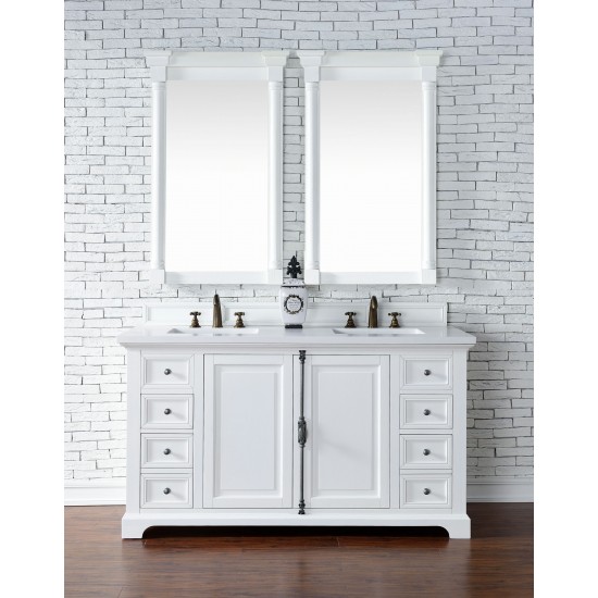 Providence 60" Double Vanity, Bright White, w/ 3 CM Classic White Quartz Top