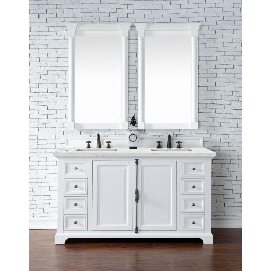 Providence 60" Double Vanity, Bright White, w/ 3 CM Ethereal Noctis Quartz Top