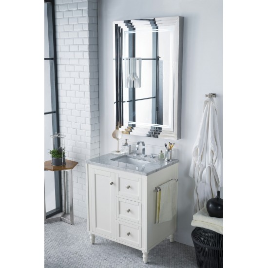 Copper Cove Encore 30" Single Vanity, Bright White w/ 3 CM Carrara Marble Top