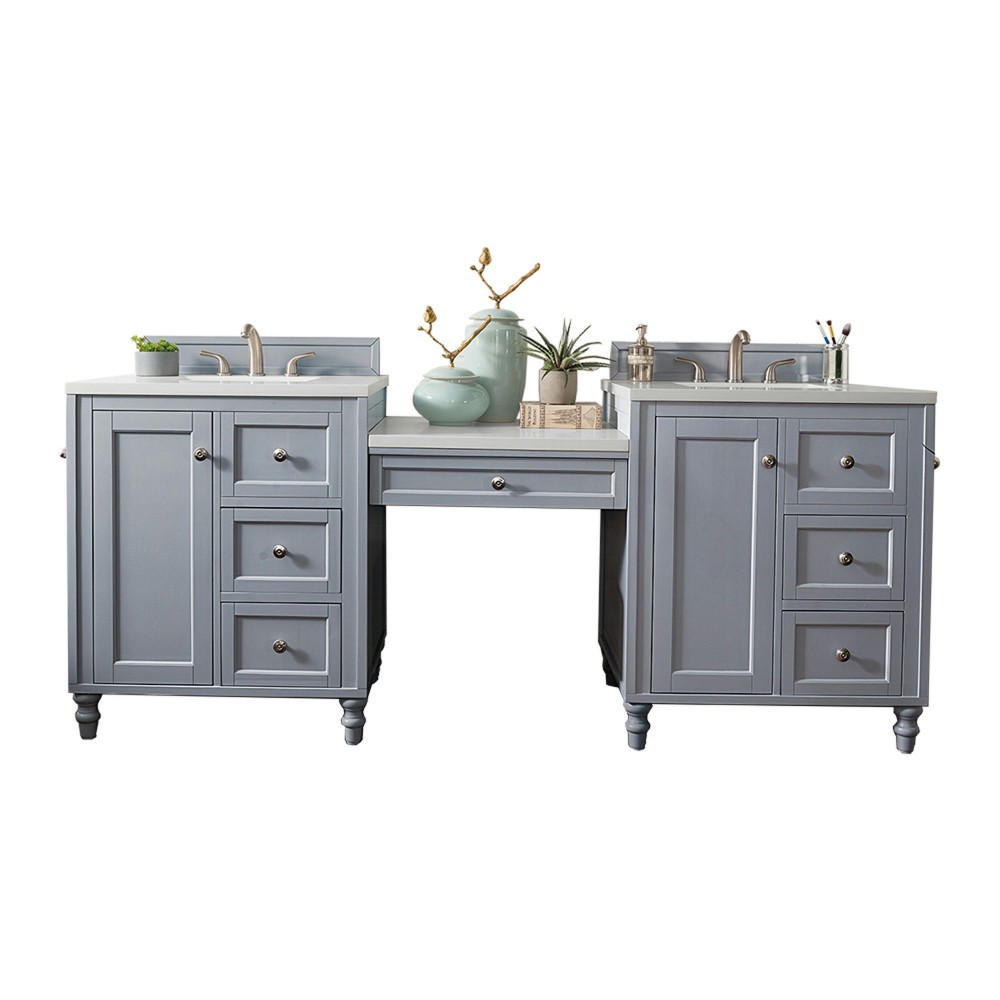 Copper Cove Encore 86" Double Vanity Set Gray w/ 3 CM Classic White Quartz Top Copper Cove Encore 86" Double Vanity Set Gray w/ 3 CM Classic White Quartz Top