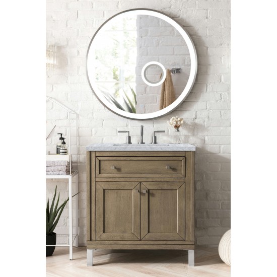 Chicago 30" Single Vanity, Whitewashed Walnut w/ 3 CM Carrara Marble Top