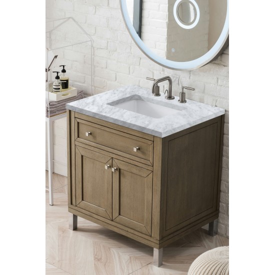 Chicago 30" Single Vanity, Whitewashed Walnut w/ 3 CM Carrara Marble Top